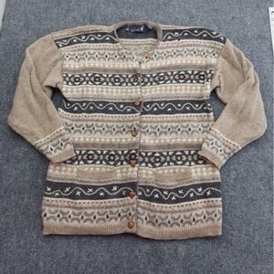 Vtg Tulchan Wool Sweater Womens Large Brown Gray Textured Cardigan Pockets‎